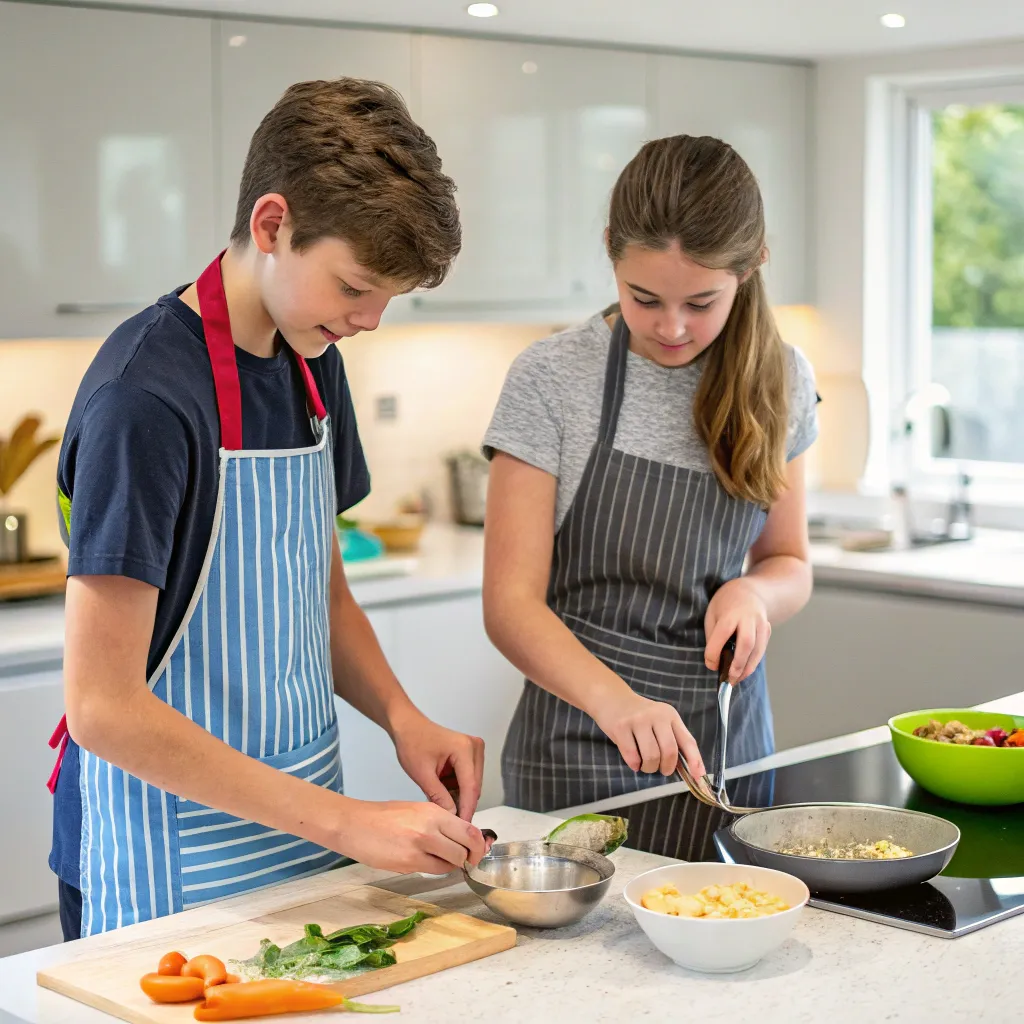 Teenagers cooking in a kitchen